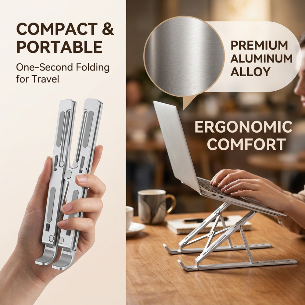 Laptop Stand with 10-Level Adjustable Height - Aluminum Alloy Foldable Laptop Riser with Double Triangle Stable Structure & Deepened Grooves