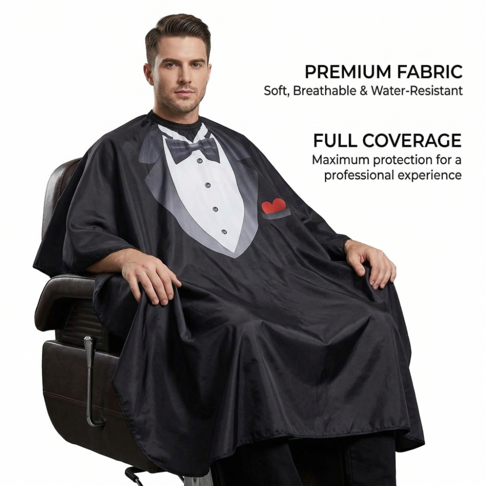 Tuxedo Print Barber Hair Cutting Cape, Premium Soft Breathable Fabric - Reinforced Elastic Collar Full Coverage Water-Resistant Cape for Hairdressing