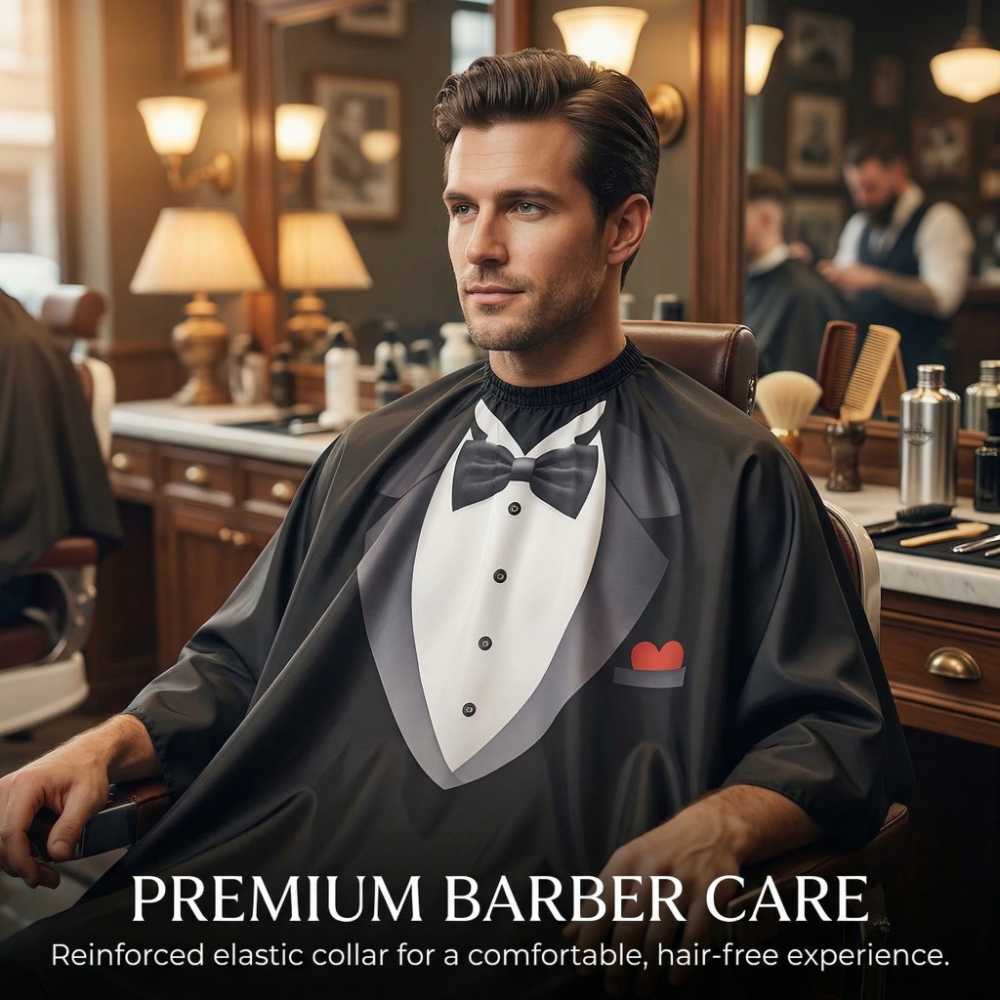 Tuxedo Print Barber Hair Cutting Cape, Premium Soft Breathable Fabric - Reinforced Elastic Collar Full Coverage Water-Resistant Cape for Hairdressing