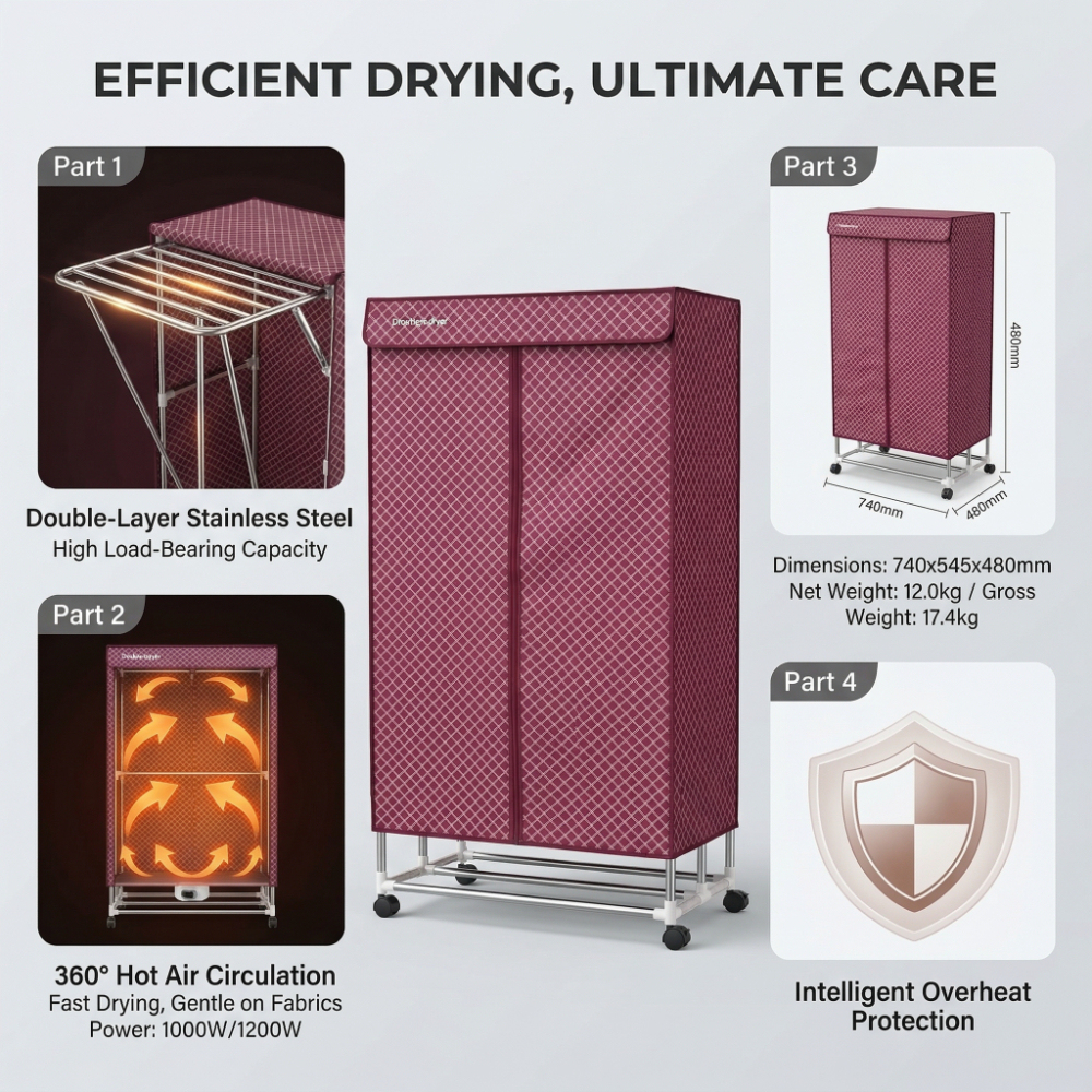 Electric Clothes Dryer Cabinet - 1200W Powerful Drying, 360° Hot Air Circulation with Overheat Protection for Home