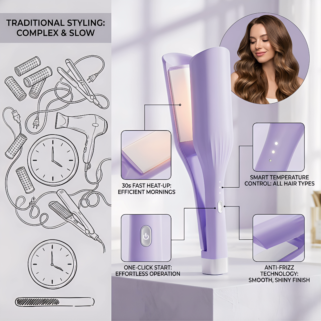 One-Touch Ceramic Hair Curling Iron, 30s Fast Heat-Up - Smart Temperature Control Anti-Frizz Curler for All Hair Types