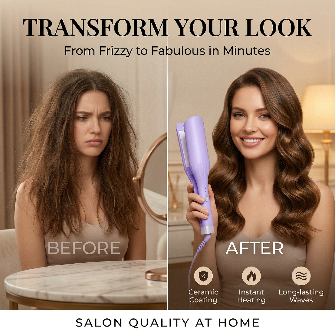 One-Touch Ceramic Hair Curling Iron, 30s Fast Heat-Up - Smart Temperature Control Anti-Frizz Curler for All Hair Types