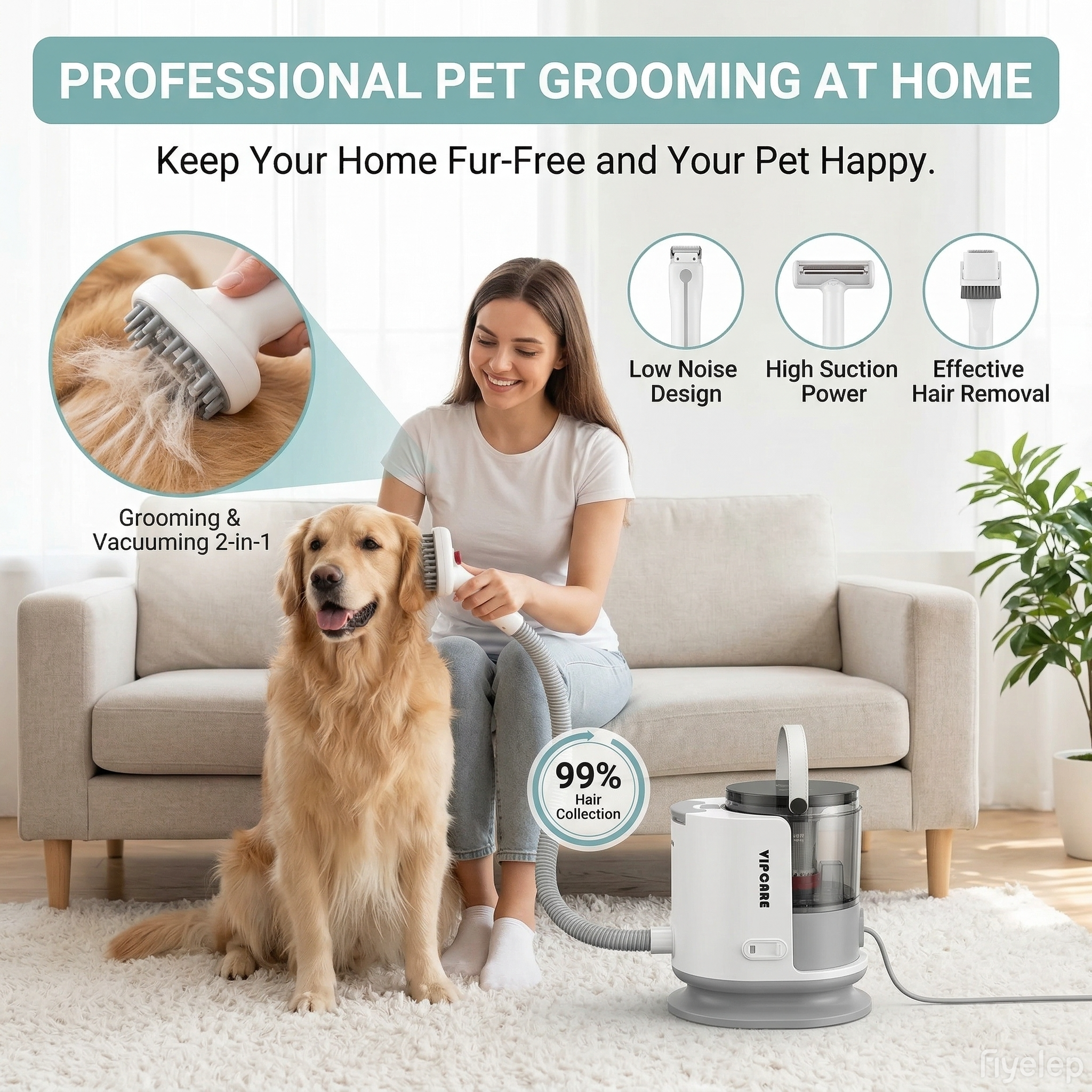 2-in-1 Pet Grooming Kit with Vacuum - High Suction Low Noise Design, 99% Pet Hair Collection for Home Grooming