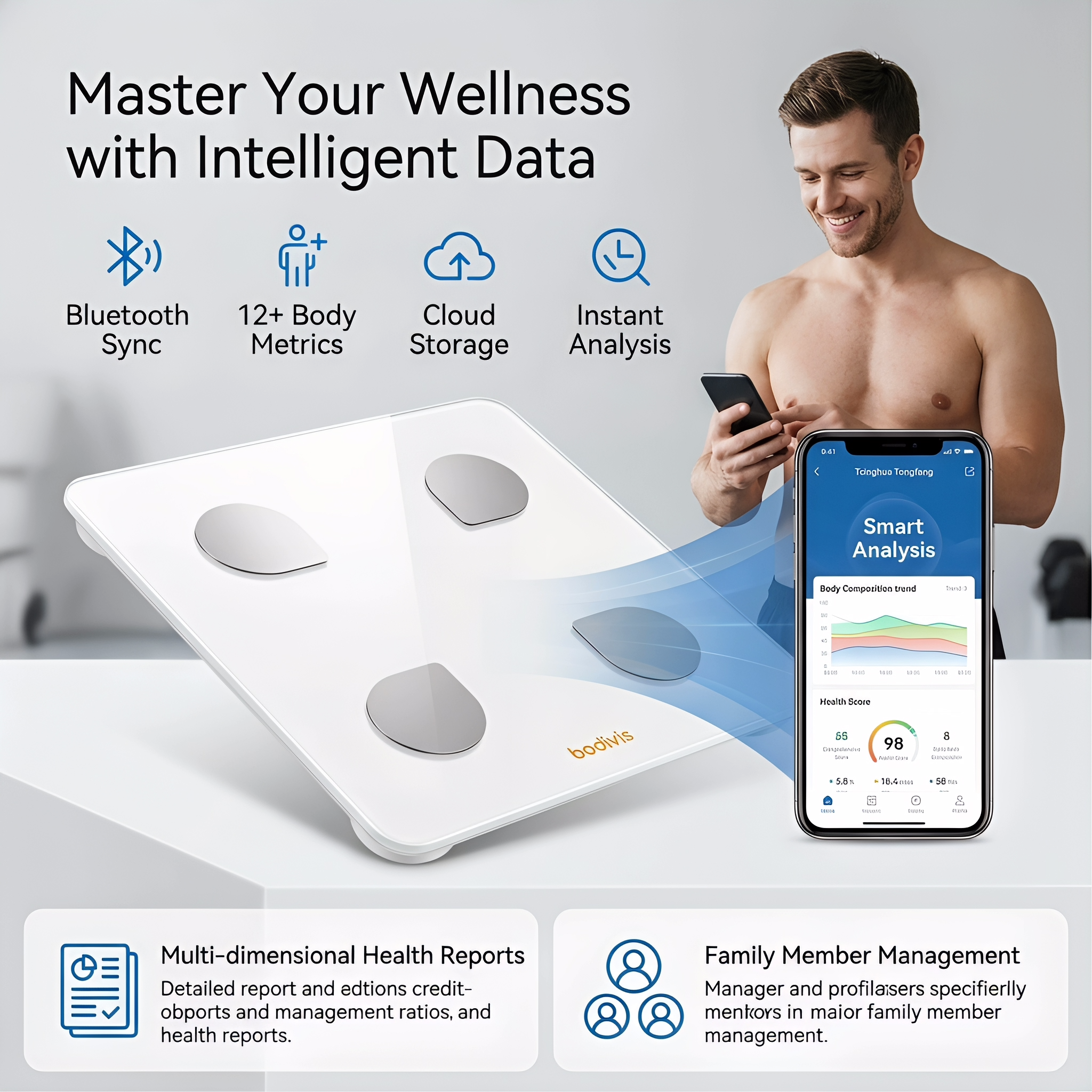 Bluetooth Smart Scale for Body Weight & Fat - 13+ Essential Body Metrics Tracking with Cloud Storage & Family Management