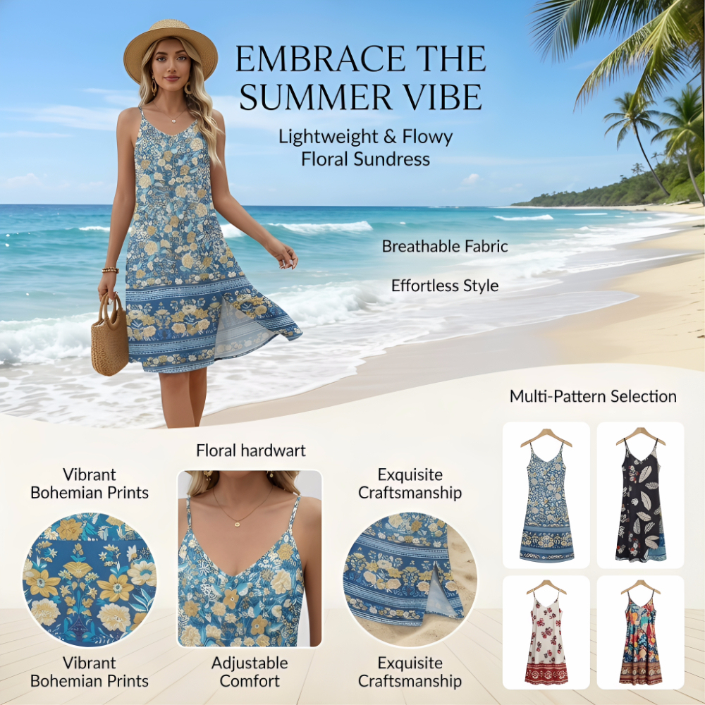 Women's Bohemian Floral Sundress - Lightweight Flowy Spaghetti Strap Dress with Adjustable Straps & Breathable Fabric