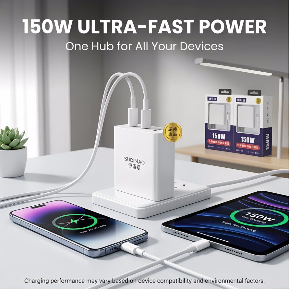 150W Universal Fast Charger Bundle - Ultra-Fast Charging with PD/QC3.0, Smart Chip & All-Device Compatibility