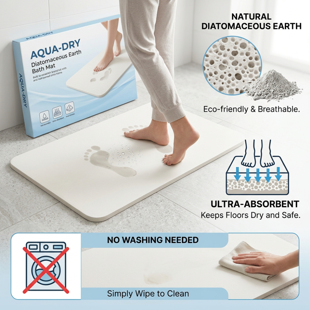 Natural Diatomaceous Earth Bath Mat - Ultra-Absorbent Instant Dry Non-Slip Mat, Easy Wipe Clean for Bathroom