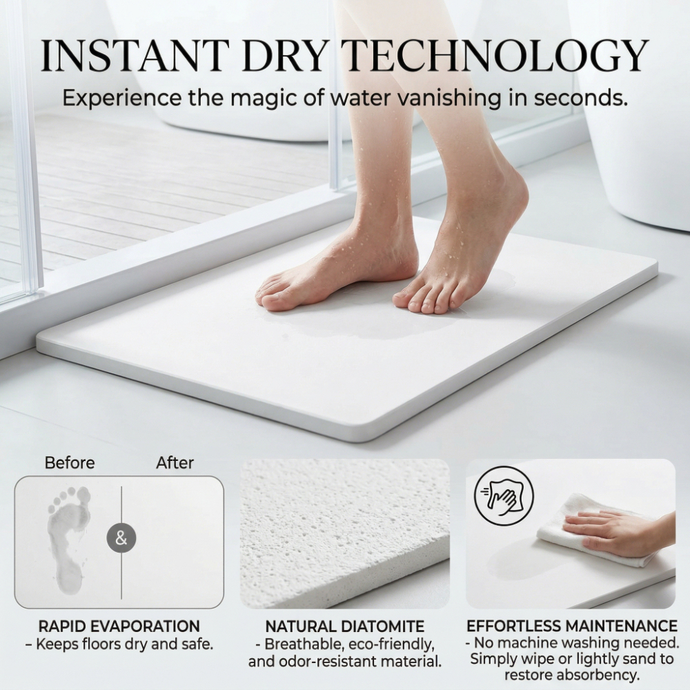 Natural Diatomaceous Earth Bath Mat - Ultra-Absorbent Instant Dry Non-Slip Mat, Easy Wipe Clean for Bathroom