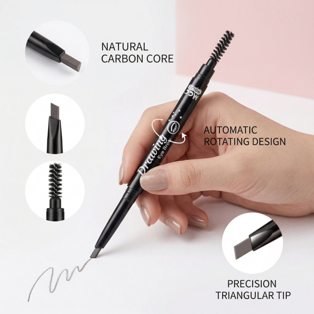 Automatic Rotating Eyebrow Pencil - Dual-Ended with Natural Carbon Tip & Spiral Grooming Brush for Natural Brows