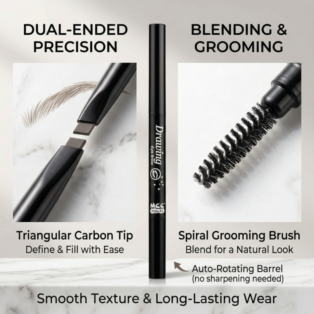 Automatic Rotating Eyebrow Pencil - Dual-Ended with Natural Carbon Tip & Spiral Grooming Brush for Natural Brows