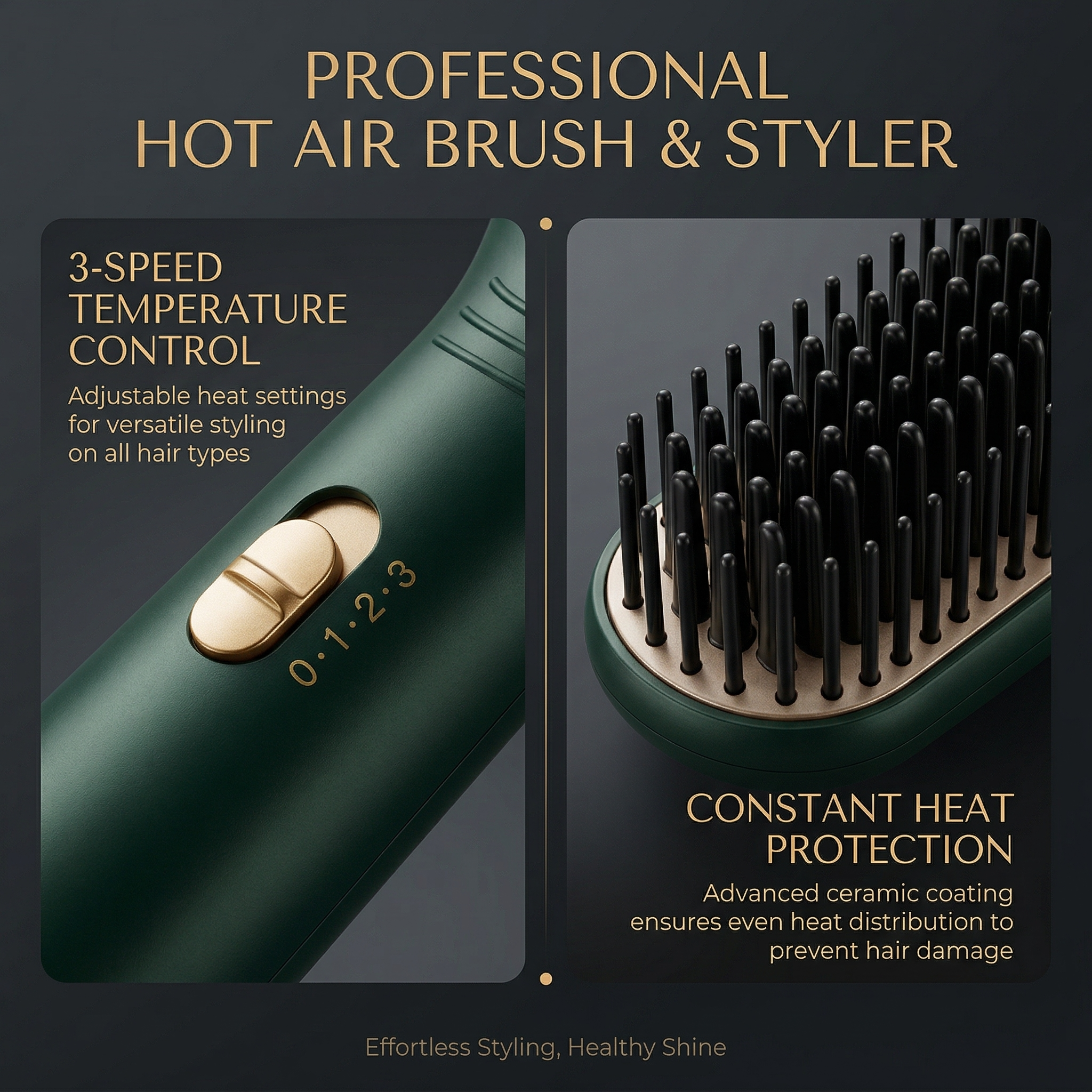 Professional Hot Air Brush & Styler - 3-Speed Temperature Adjustment, Ceramic Coating to Prevent Hair Damage for All Hair Types