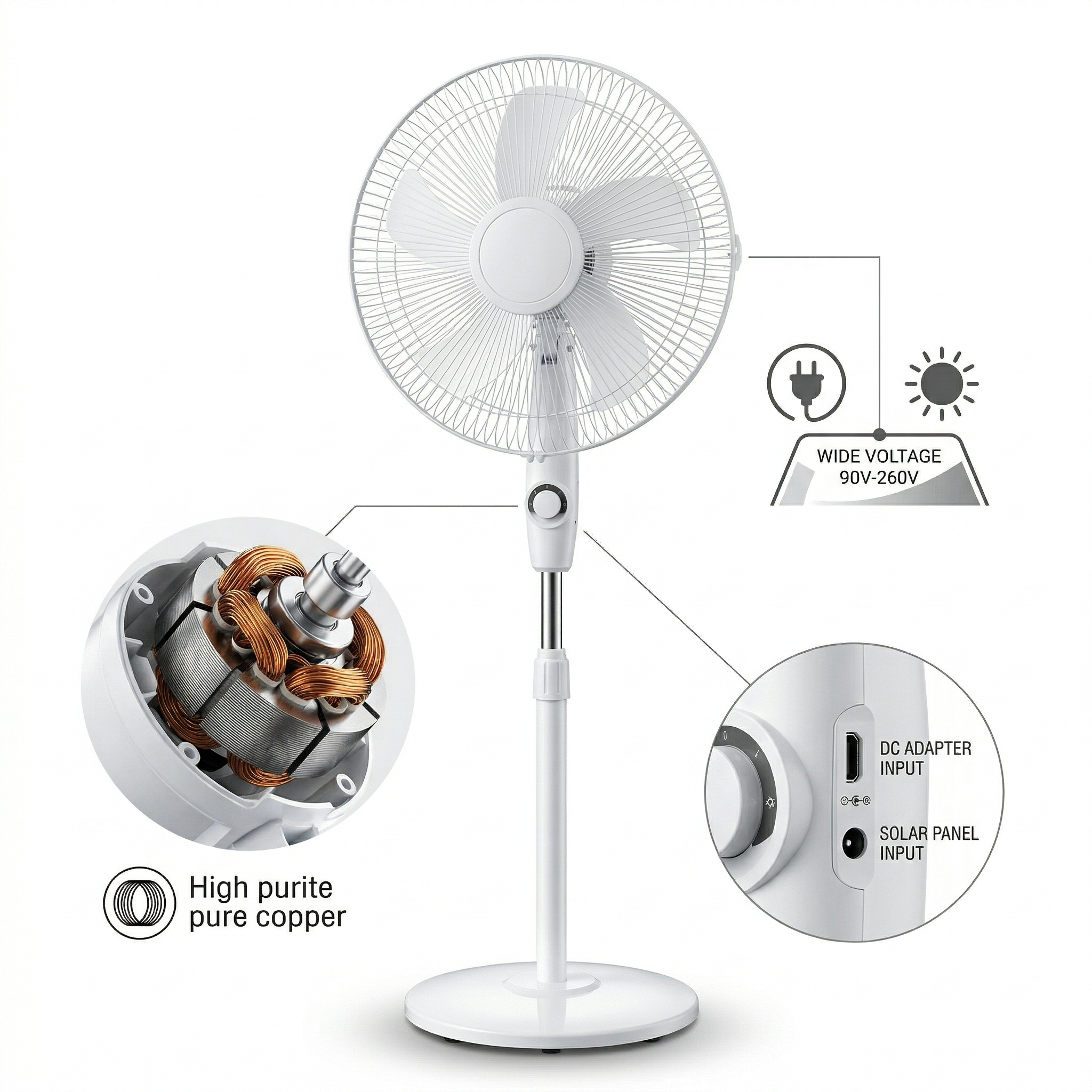 Solar & Electric Standing Fan with Pure Copper Motor - 90-260V Wide Voltage, Adjustable Height & Ultra-Quiet for Home/Outdoor