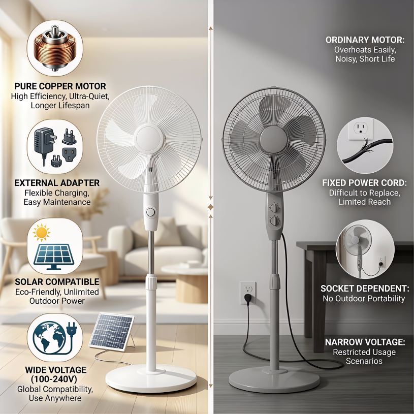 Solar & Electric Standing Fan with Pure Copper Motor - 90-260V Wide Voltage, Adjustable Height & Ultra-Quiet for Home/Outdoor