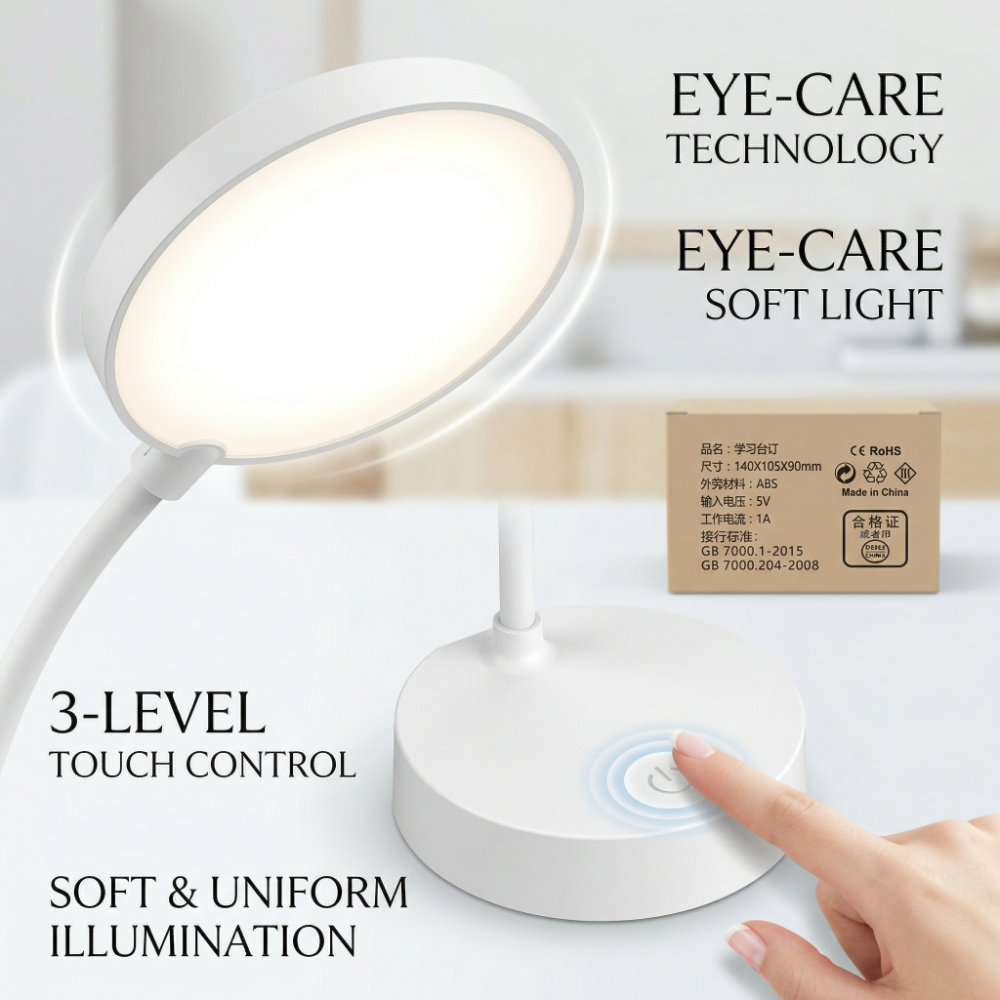 LED Eye-Care Desk Lamp - 3-Level Touch Control, Soft Uniform Illumination Flexible Gooseneck Study Lamp for Home Office