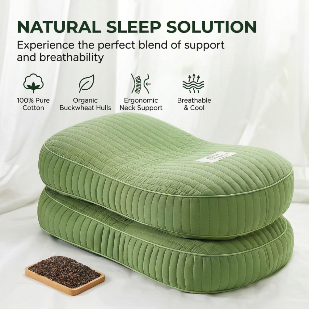 Organic Buckwheat Hull Pillow - 100% Pure Cotton Cover, Ergonomic Cervical Support Pillow with Adjustable Height for Neck Pain Relief