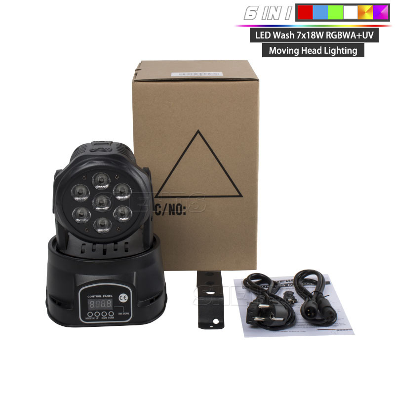 LED 7X18W Wash Light RGBWA+UV 6in1 DJ Disco Stage Moving Head Lights