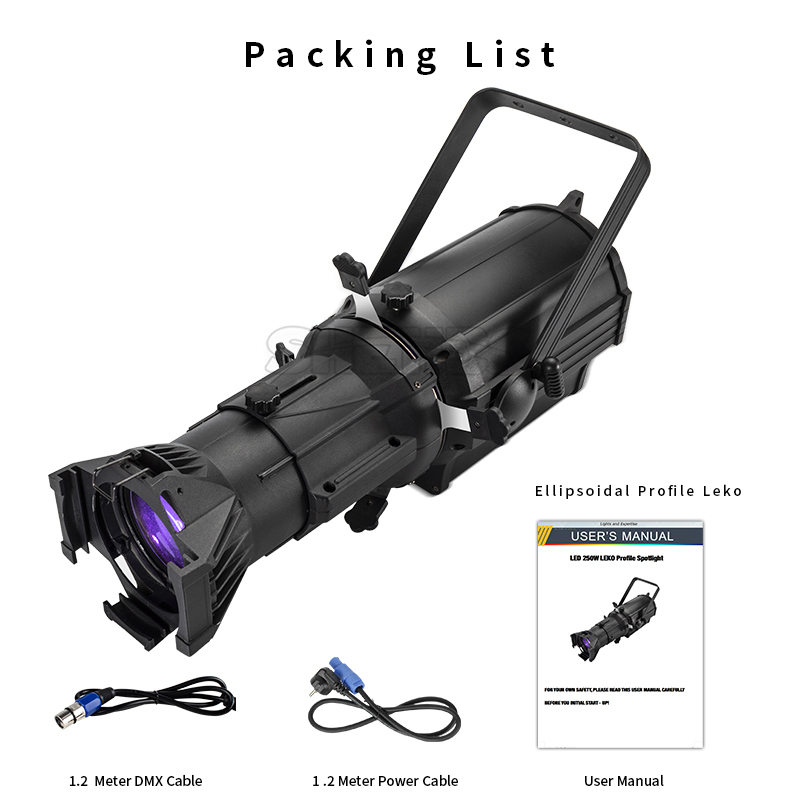 New Arrival LED 250W LEKO Profile Spotlight RGBW/Cool & Warm White Four-leaf Manual Cut Light Barrier Suitable for Night Club&Wedding&Theater Stage