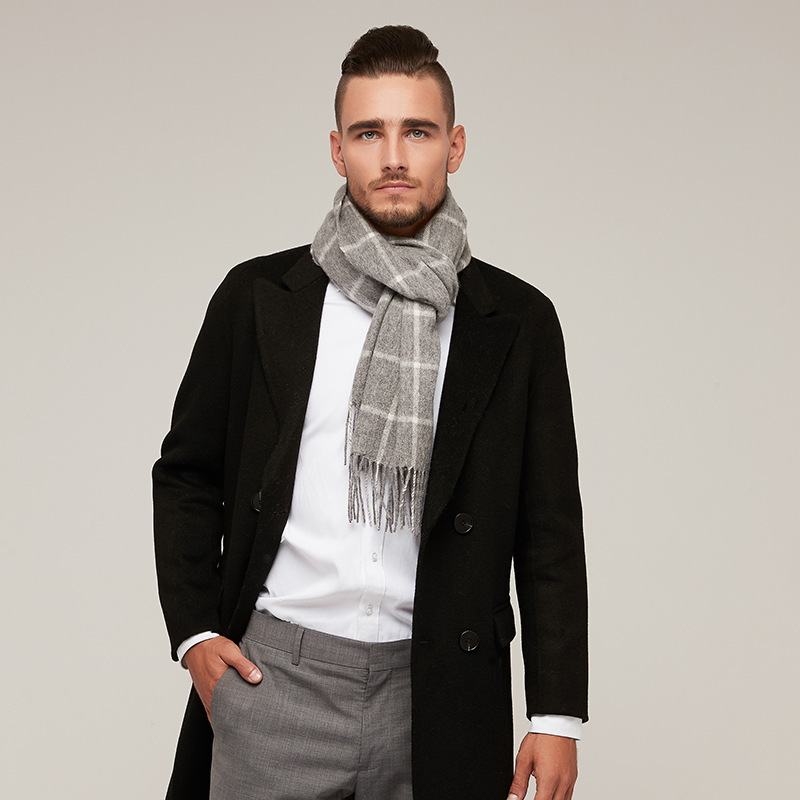 New autumn and winter men's warm pure wool plaid scarf, British business scarf, versatile, simple and trendy