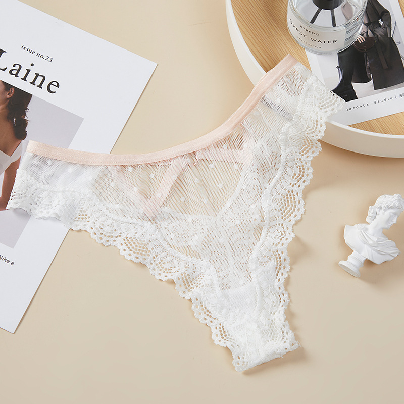 Lace mesh polka dot thong for women transparent hollow seamless low waist cotton crotch triangle T pants