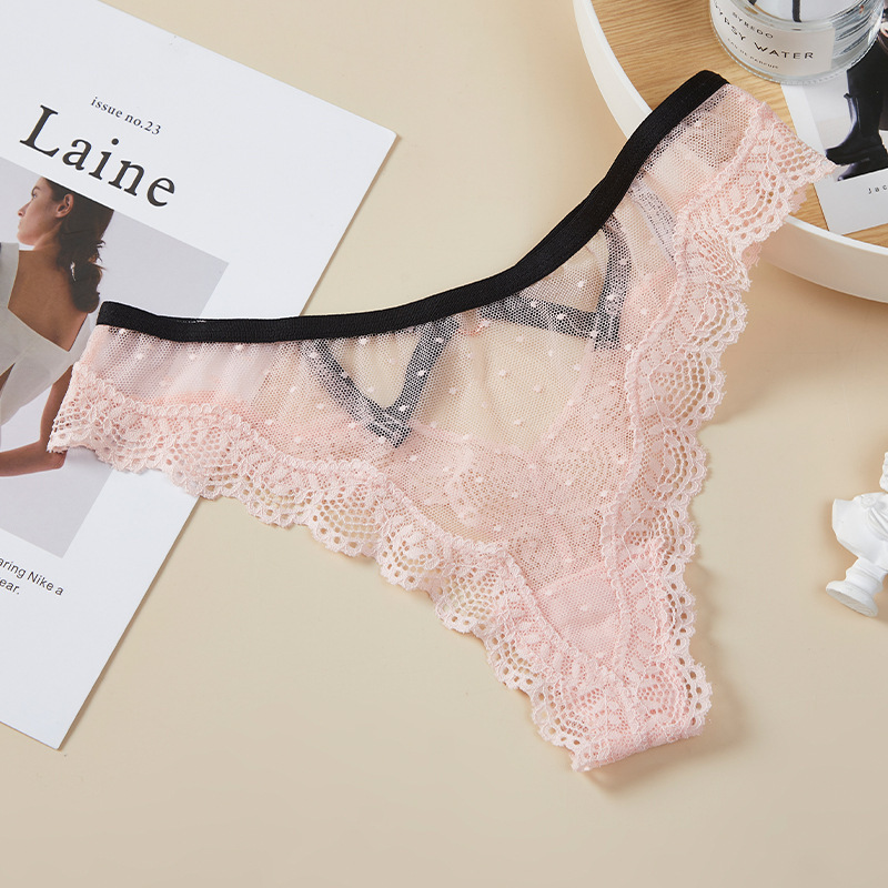 Lace mesh polka dot thong for women transparent hollow seamless low waist cotton crotch triangle T pants