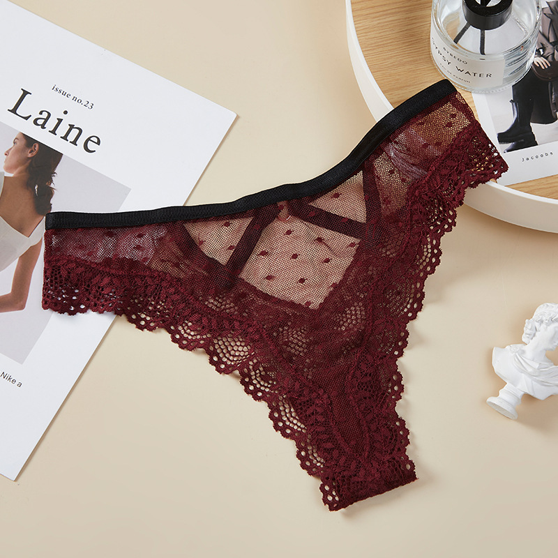 Lace mesh polka dot thong for women transparent hollow seamless low waist cotton crotch triangle T pants