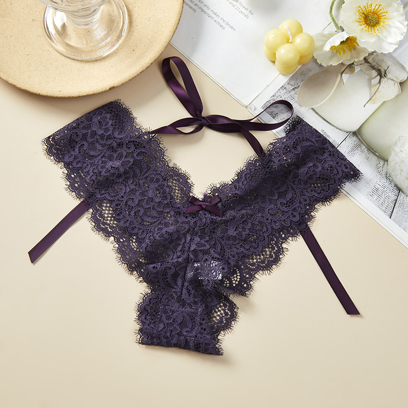 Lace women's underwear sexy transparent thong temptation pure cotton crotch thin belt cross T pants (2 pack)