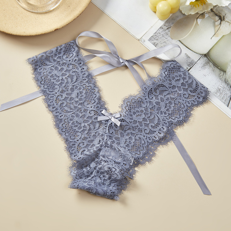 Lace women's underwear sexy transparent thong temptation pure cotton crotch thin belt cross T pants (2 pack)