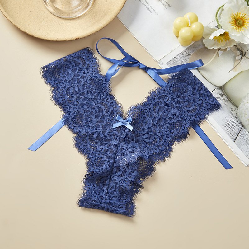 Lace women's underwear sexy transparent thong temptation pure cotton crotch thin belt cross T pants (2 pack)