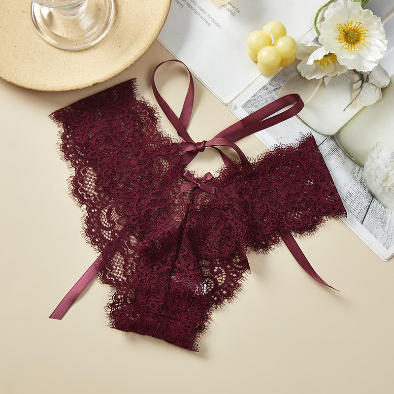 Lace women's underwear sexy transparent thong temptation pure cotton crotch thin belt cross T pants (2 pack)