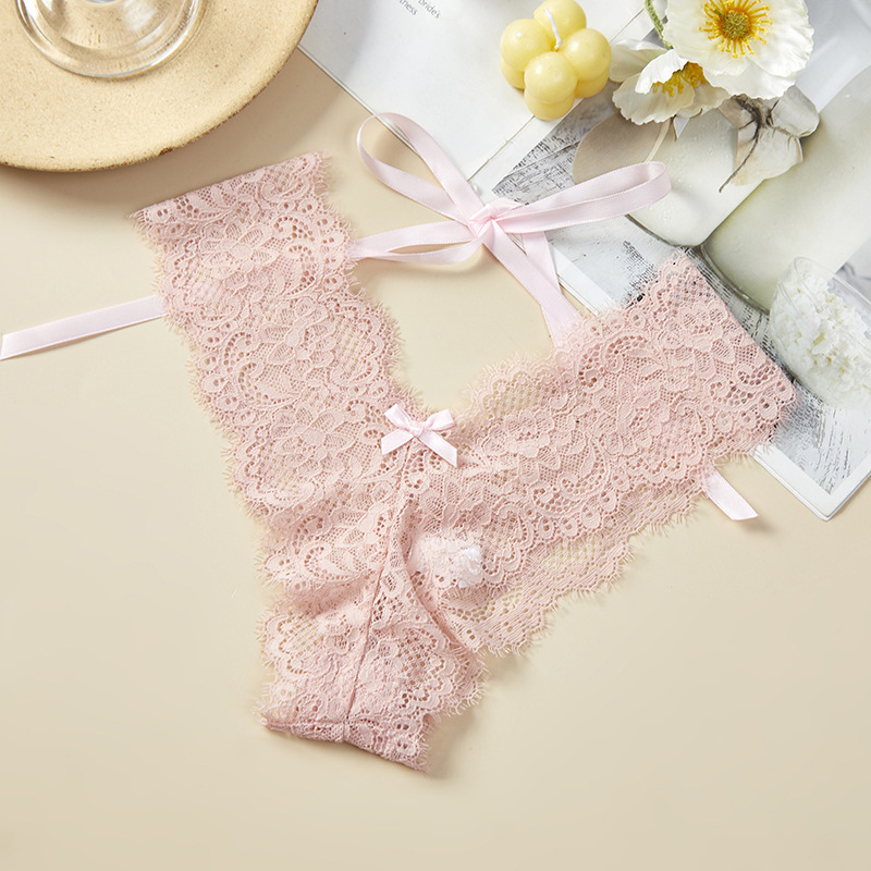 Lace women's underwear sexy transparent thong temptation pure cotton crotch thin belt cross T pants (2 pack)