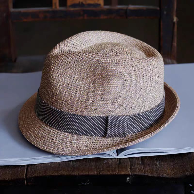 Straw hat for men and women seaside beach short brimmed jazz hat British sunblock sunshade small top hat