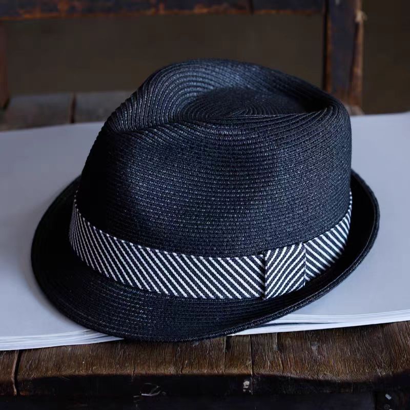 Straw hat for men and women seaside beach short brimmed jazz hat British sunblock sunshade small top hat