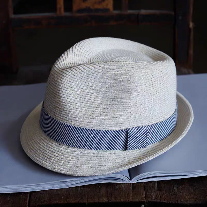 Straw hat for men and women seaside beach short brimmed jazz hat British sunblock sunshade small top hat