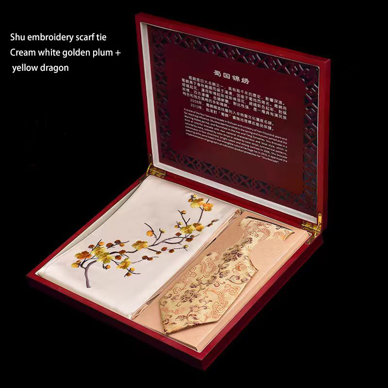 Chinese style cultural and creative gifts Chengdu Shu embroidery scarf tie set gift box handmade embroidery souvenirs