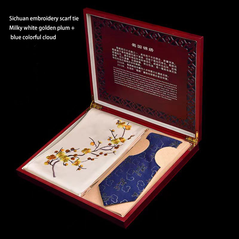 Chinese style cultural and creative gifts Chengdu Shu embroidery scarf tie set gift box handmade embroidery souvenirs