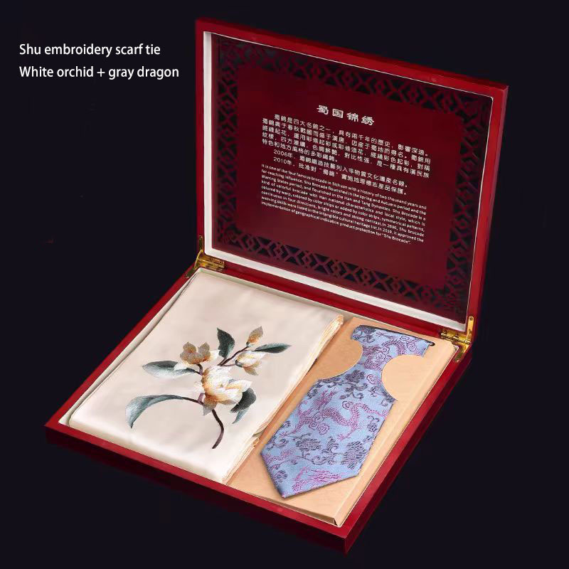 Chinese style cultural and creative gifts Chengdu Shu embroidery scarf tie set gift box handmade embroidery souvenirs