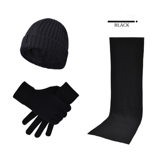 Men's and women's knitted thick warm woolen hat scarf glove three piece set
