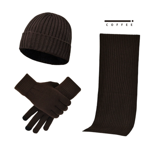 Men's and women's knitted thick warm woolen hat scarf glove three piece set