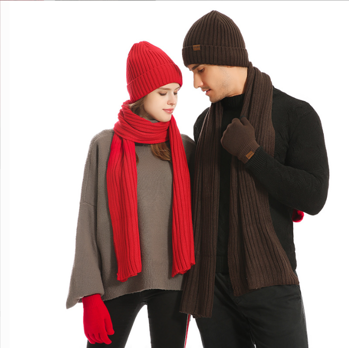 Men's and women's knitted thick warm woolen hat scarf glove three piece set