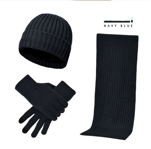 Men's and women's knitted thick warm woolen hat scarf glove three piece set