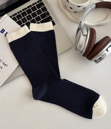 Men's autumn and winter mid tube socks, cotton color blocked double needle Waffle street trend, Japanese retro cotton socks wholesale(5 PAIRS)