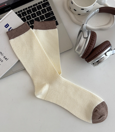 Men's autumn and winter mid tube socks, cotton color blocked double needle Waffle street trend, Japanese retro cotton socks wholesale(5 PAIRS)