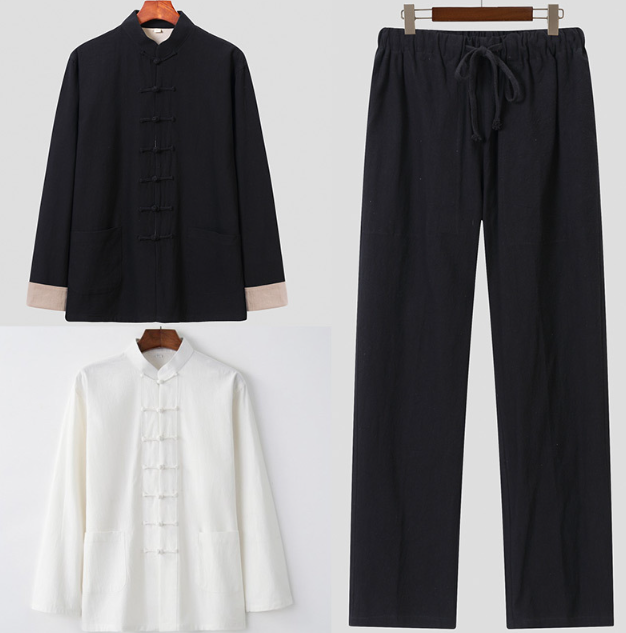 Cotton Linen Tang Suit Men's Spring and Autumn Outwear Han Suit Chinese Middle aged Button Long Sleeve Three Piece Set Light China-Chic