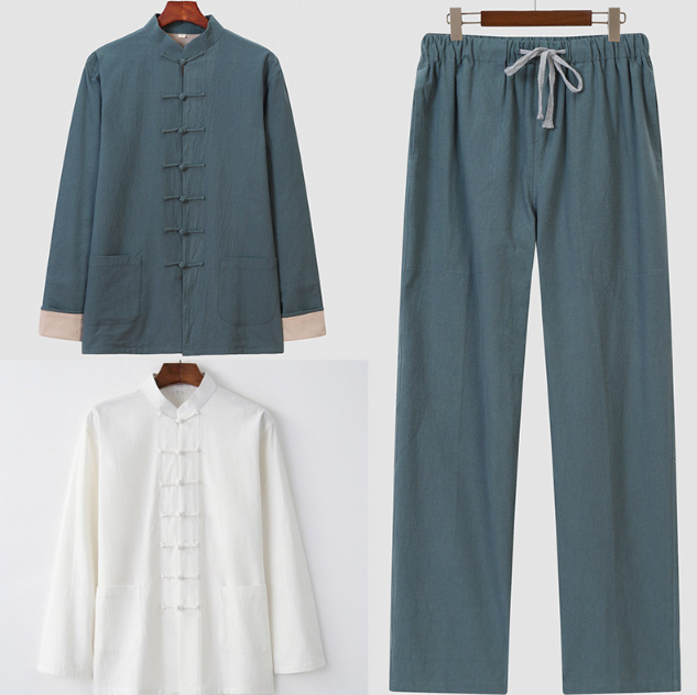 Cotton Linen Tang Suit Men's Spring and Autumn Outwear Han Suit Chinese Middle aged Button Long Sleeve Three Piece Set Light China-Chic