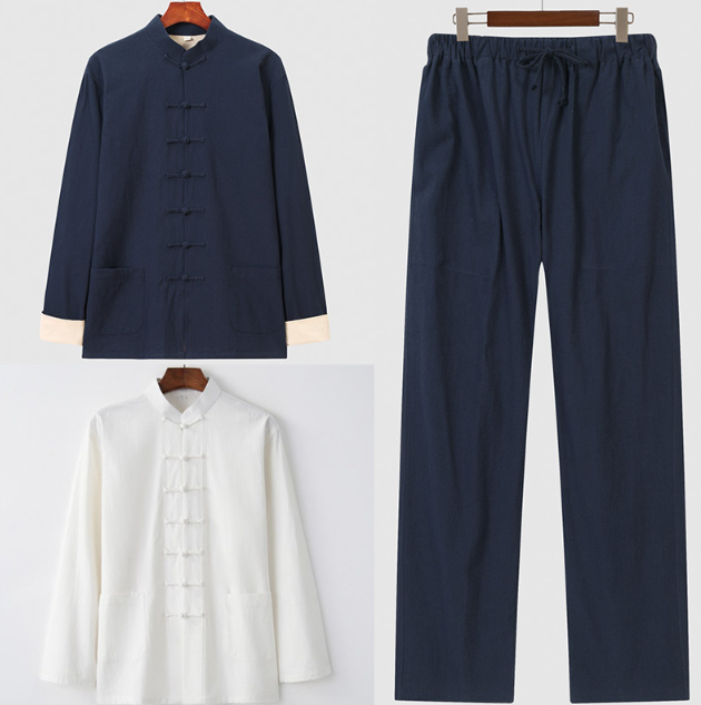 Cotton Linen Tang Suit Men's Spring and Autumn Outwear Han Suit Chinese Middle aged Button Long Sleeve Three Piece Set Light China-Chic