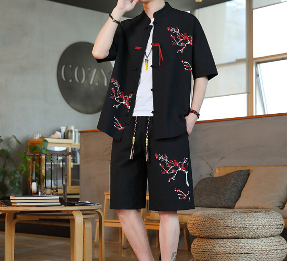 ummer Short sleeved Ice Silk Set Chinese Shirt Thin Style Chinese Plum Blossom Men's Retro Men's Set Two Piece Hanfu