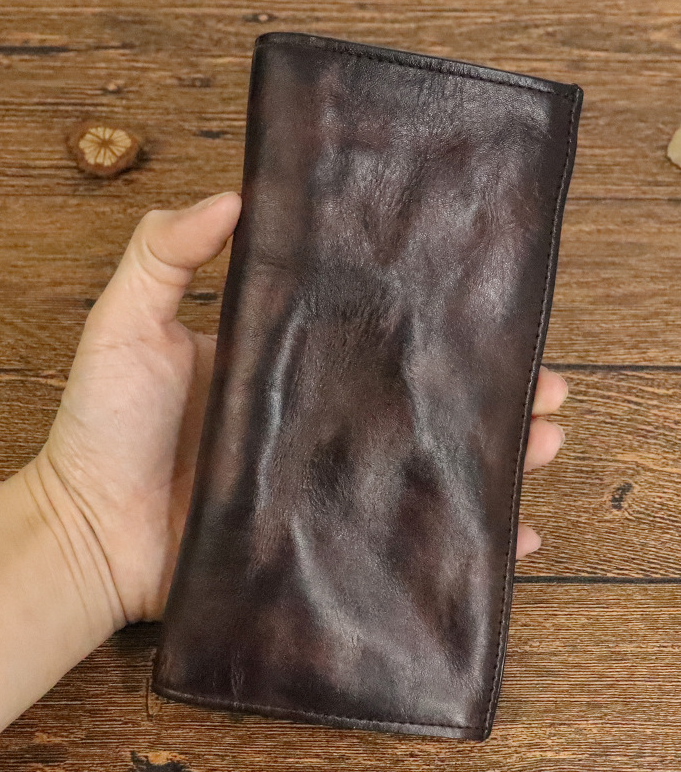 Wallet top layer cowhide vegetable tanned leather handmade long wallet men's multi card wallet hand-held bag
