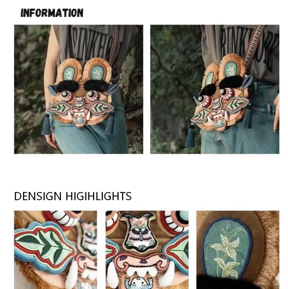 Musk's son's identical intangible cultural heritage tiger head figurine bag, hand-held tiger head bag, Guangxi Xiuniang tiger head bag