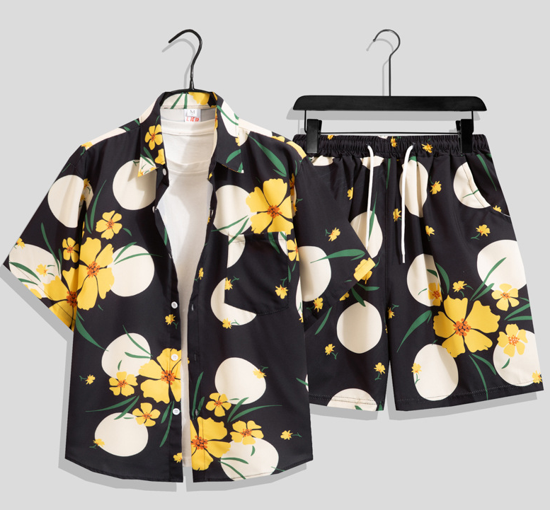 Ice silk set men's quick drying summer short sleeved shirt loose plus size two-piece set