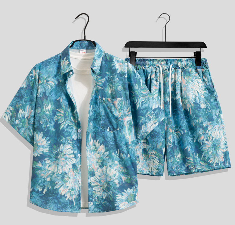 Ice silk set men's quick drying summer short sleeved shirt loose plus size two-piece set